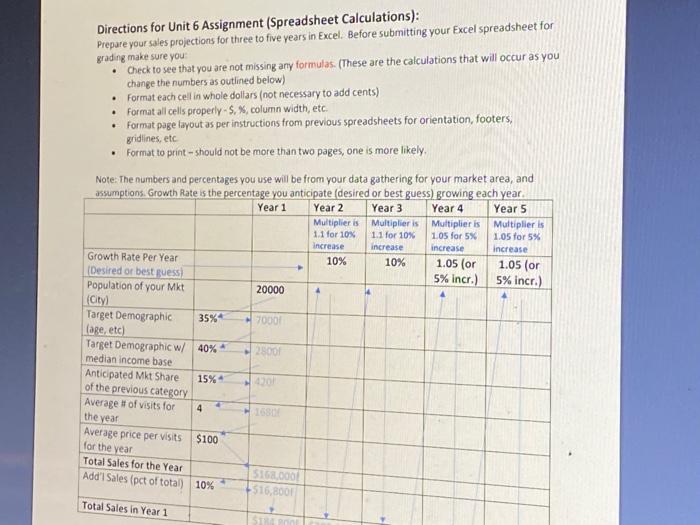 please write in excel Directions for Unit 6