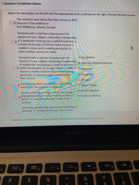 Question Completion Status: Match the description