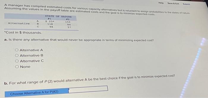 Help A manager has compiled estimated costs for