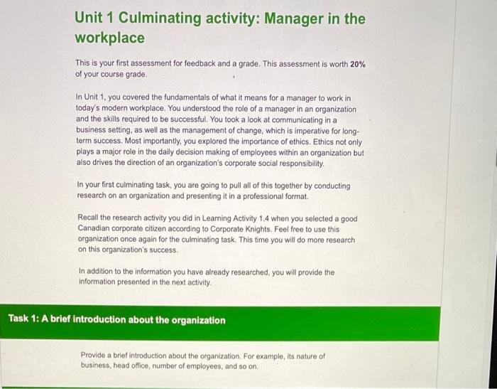 Unit 1 Culminating activity: Manager in the