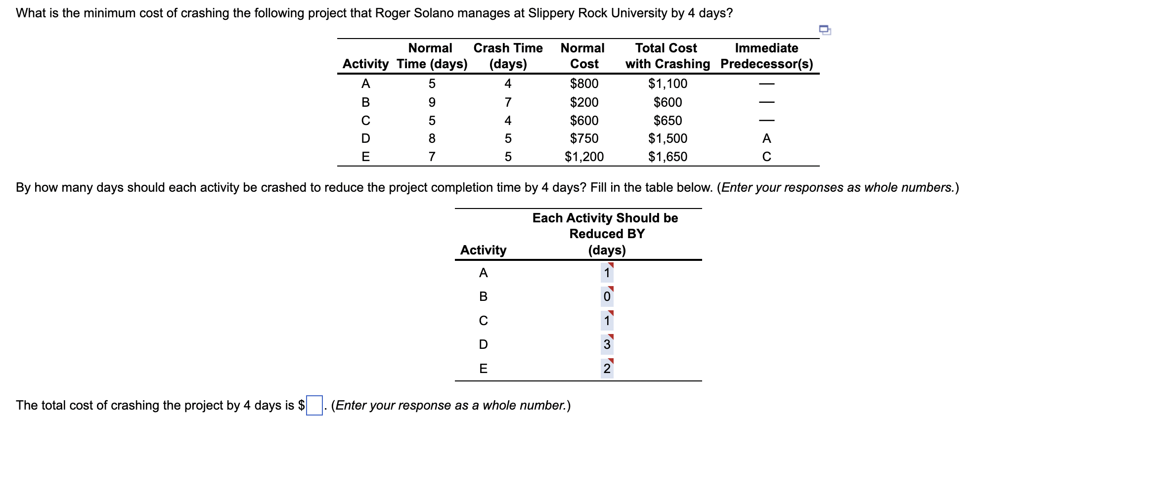 Activity Normal Time (weeks) Crash Time (weeks)