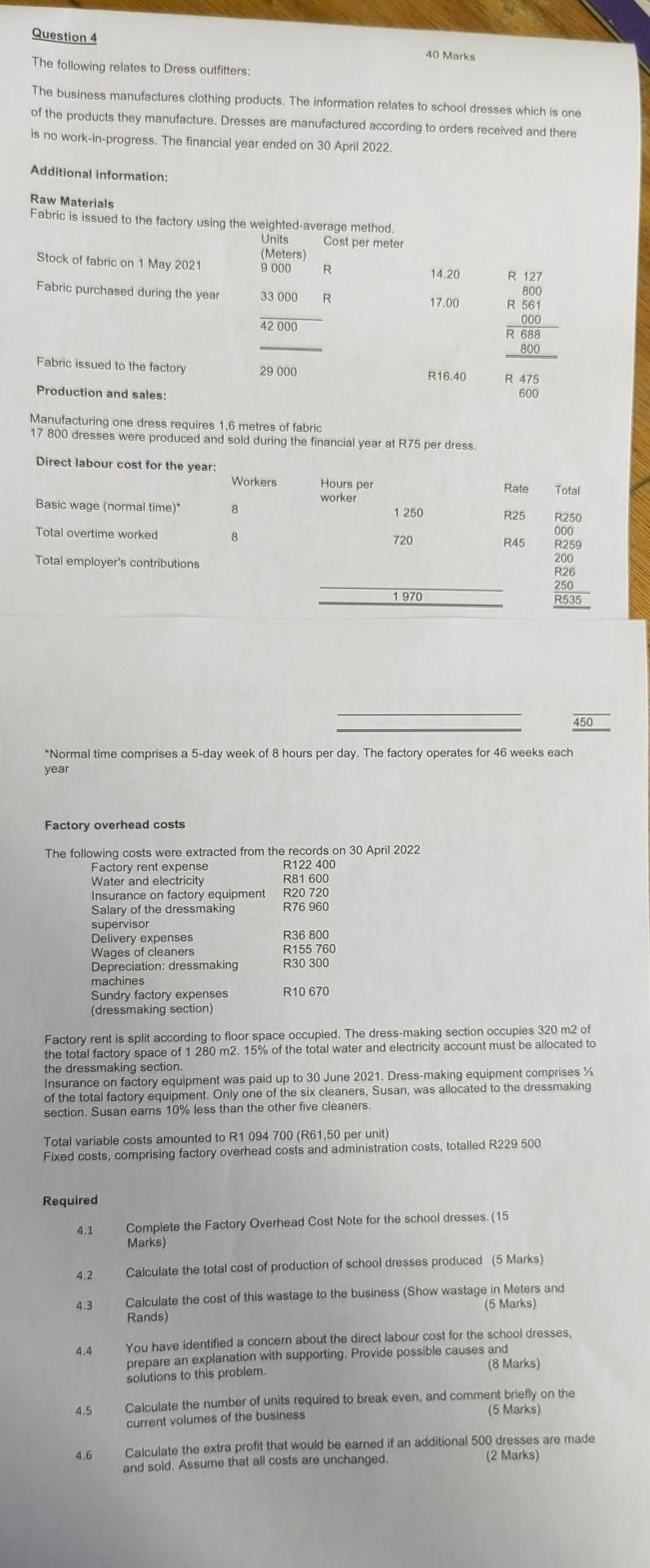 FAM333 Question 4 The following relates to Dress