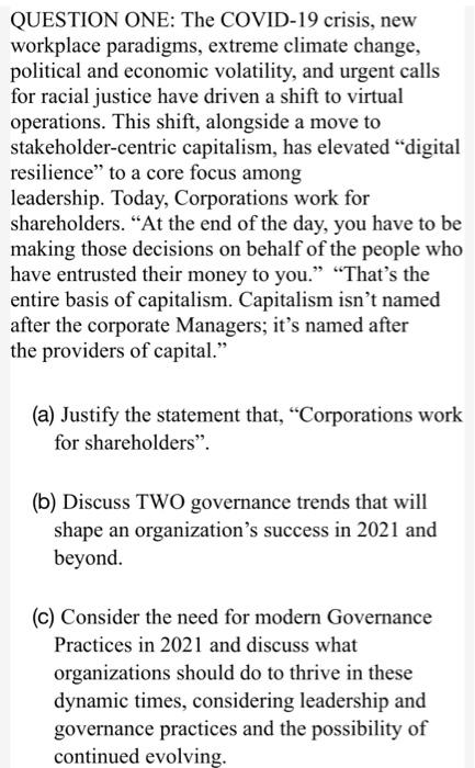 QUESTION ONE: The COVID-19 crisis, new workplace