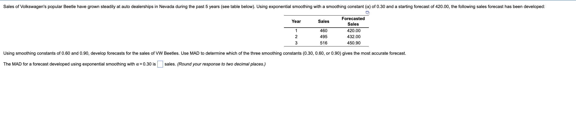 The MAD for a forecast developed using