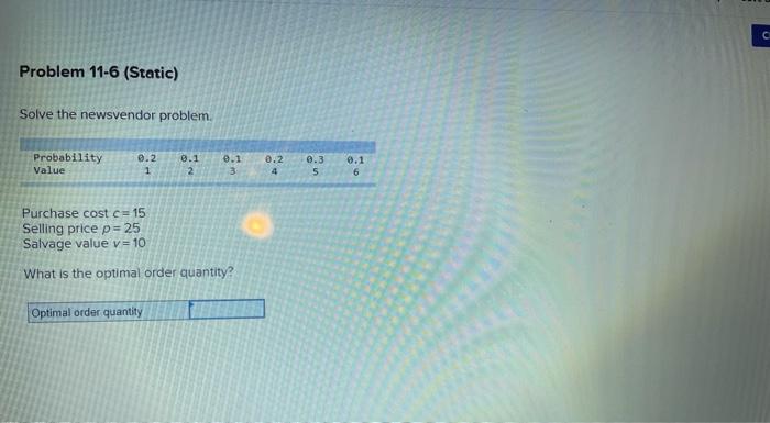 Problem 11-6 (Static) Solve the newsvendor