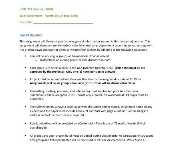 Please help ASAP HOTL 203 (Summer 2020) Sales