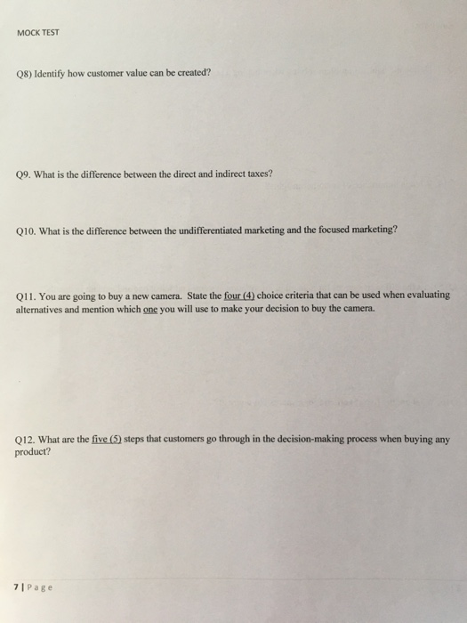 MOCK TEST Q8) Identify how customer value can be