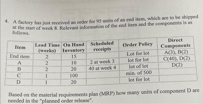 4. A factory has just received an order for 95