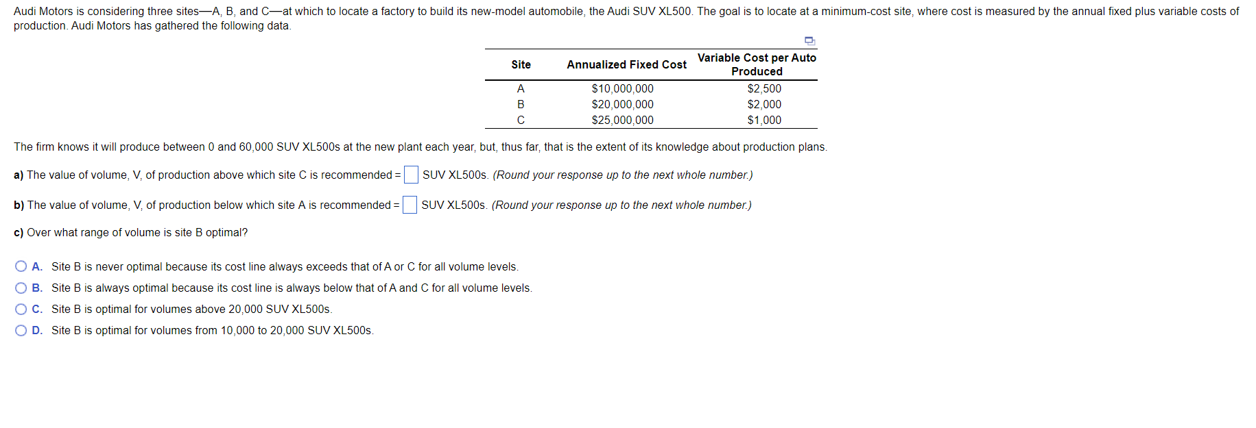 Audi Motors is considering three sites-A, B, and