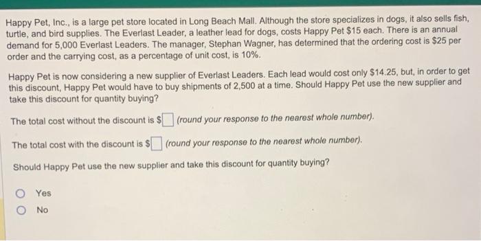 Happy Pet, Inc., is a large pet store located in