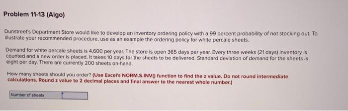 Problem 11-13 (Algo) Dunstreet's Department Store