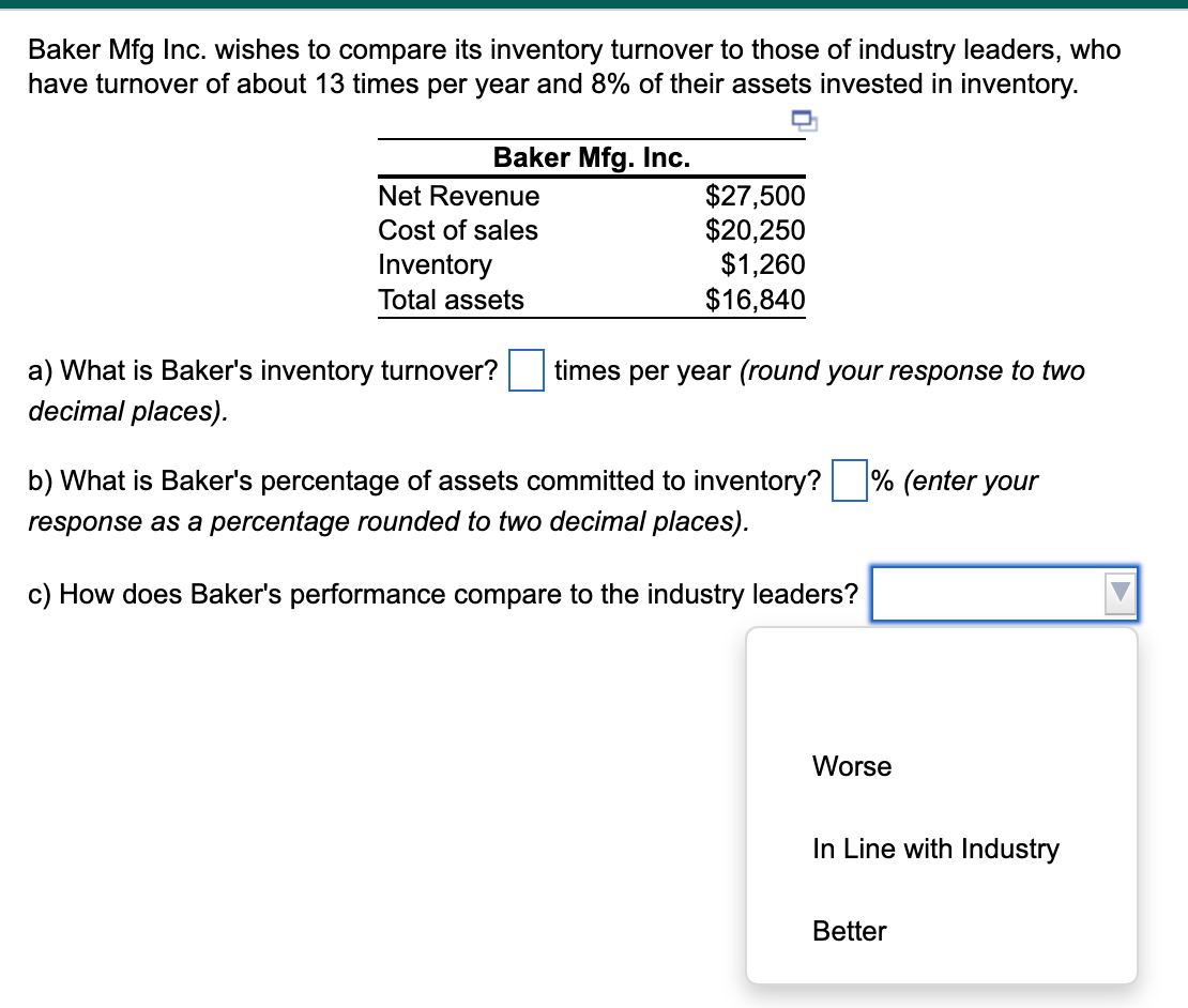Baker Mfg Inc. wishes to compare its inventory