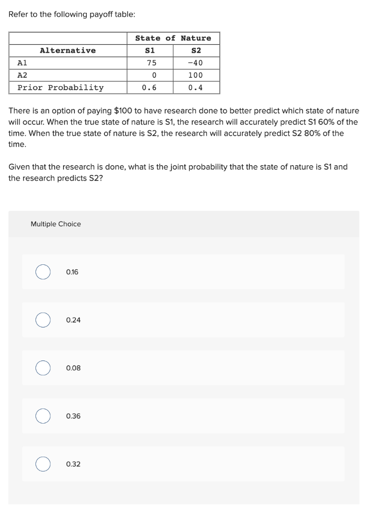 Refer to the following payoff table: There is an