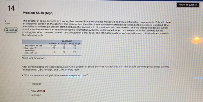 Return te question 14 Problem 5S-14 (Algo) 2