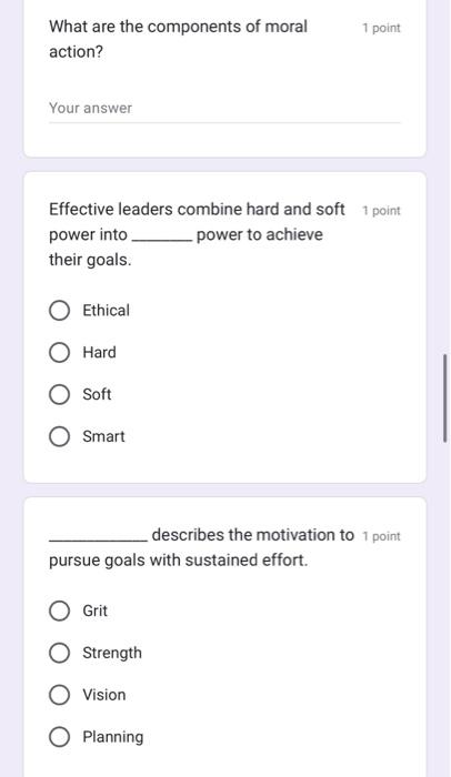 What are the components of moral 1 point action?