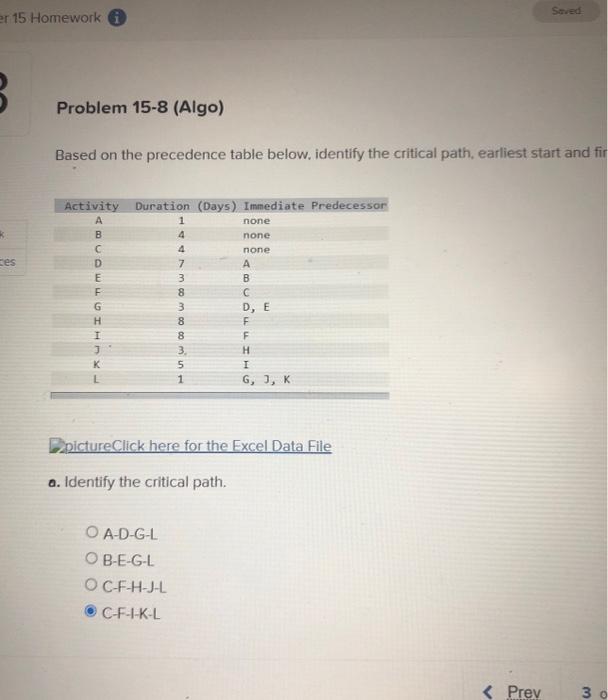 Saved er 15 Homework Problem 15-8 (Algo) Based on