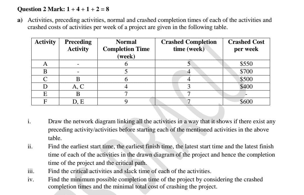 Question 2 Mark: 1+4+1 +2 = 8 a) Activities,