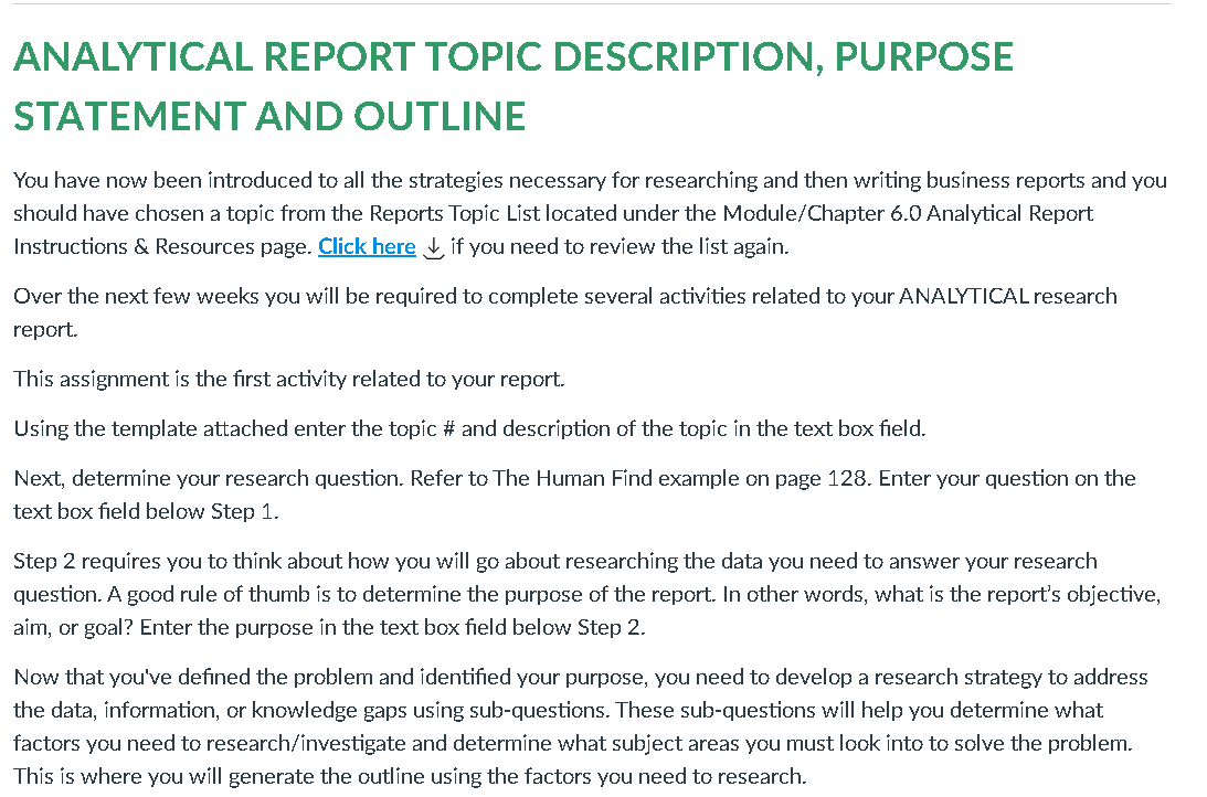 ANALYTICAL REPORT TOPIC DESCRIPTION, PURPOSE
