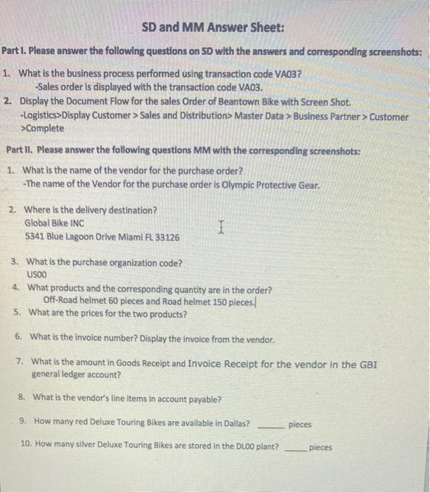 SD and MM Answer Sheet: Part 1. Please answer the