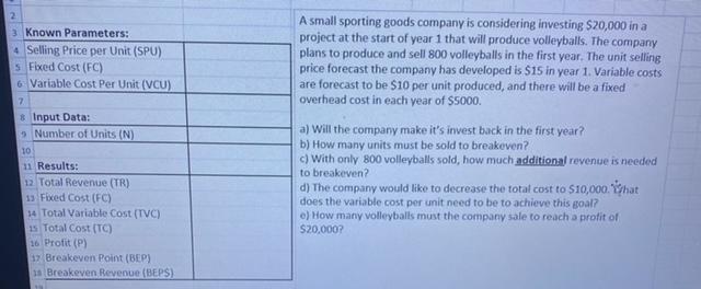 2 3 Known Parameters: 4 Selling Price per Unit
