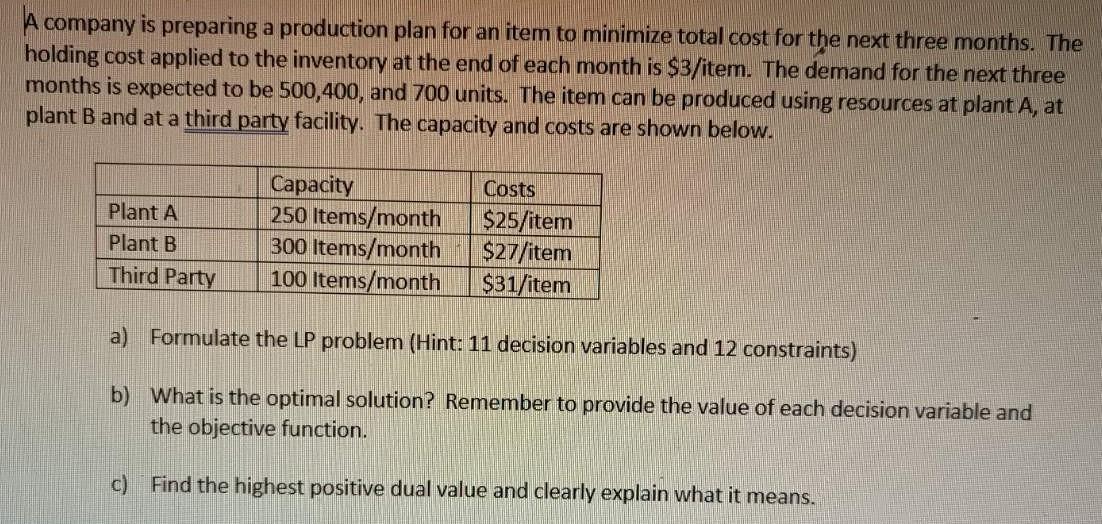 A company is preparing a production plan for an