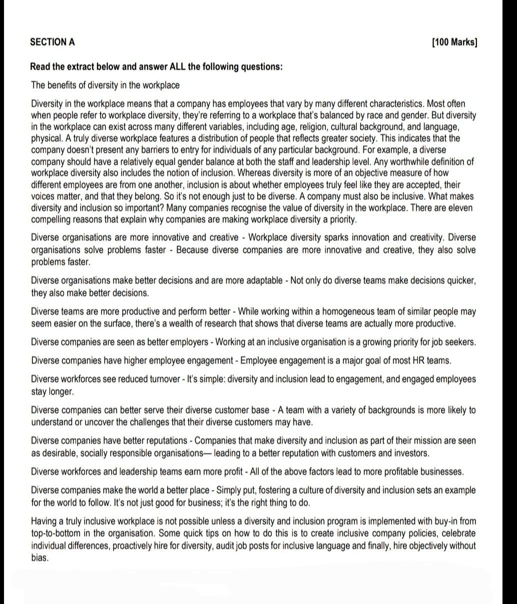 organization diversity q2 SECTION A [100 Marks]