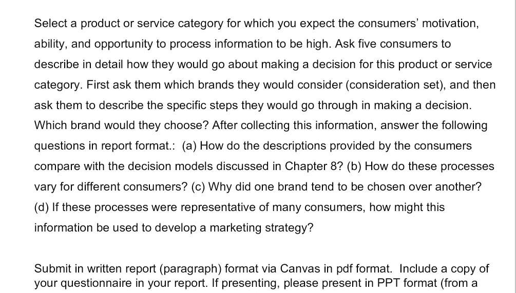 Consumer behavior please select product and do as