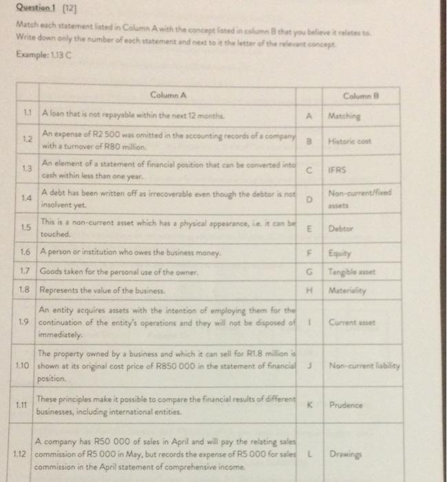 Question 1 (12) Match each statement listed in