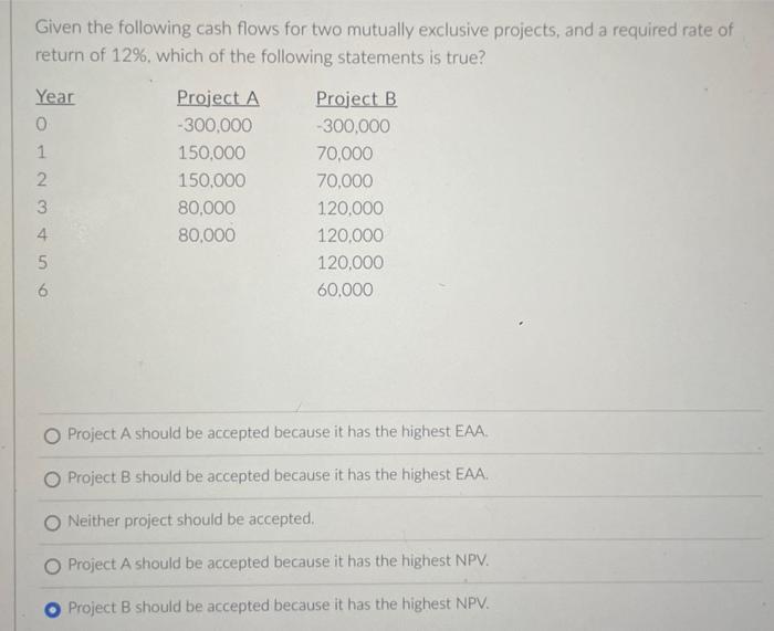 help Given the following cash flows for two