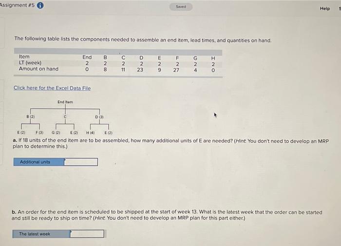 Assignment #5 The following table lists the