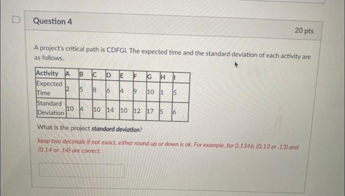 Question 4 20 pts A project's critical path is