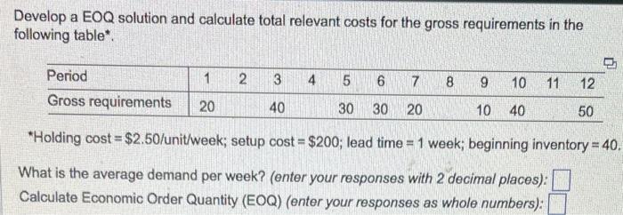 Develop a EOQ solution and calculate the total
