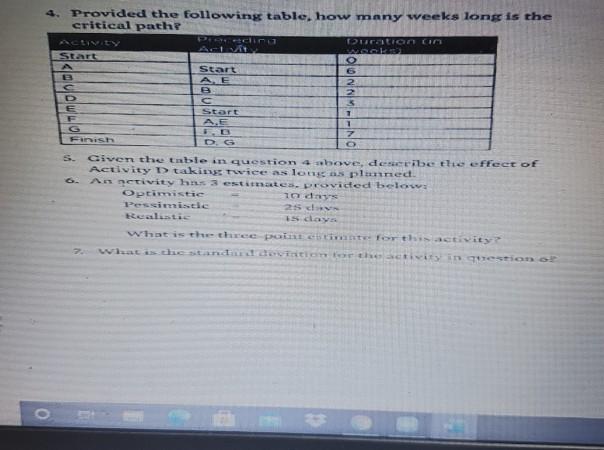 4. Provided the following table, how many weeks