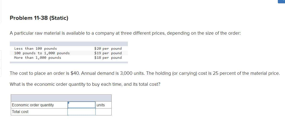 Problem 11-38 (Static) A particular raw material