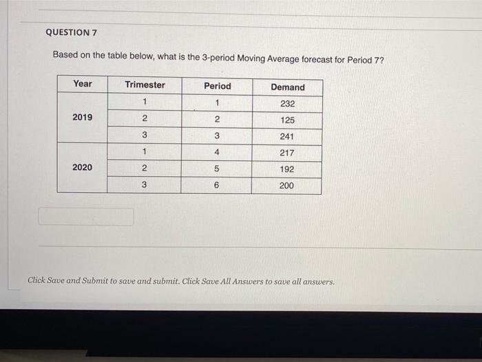 QUESTION 7 Based on the table below, what is the