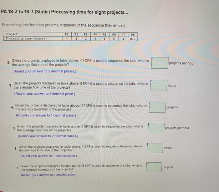 PA 18-2 to 18-7 (Static) Processing time for