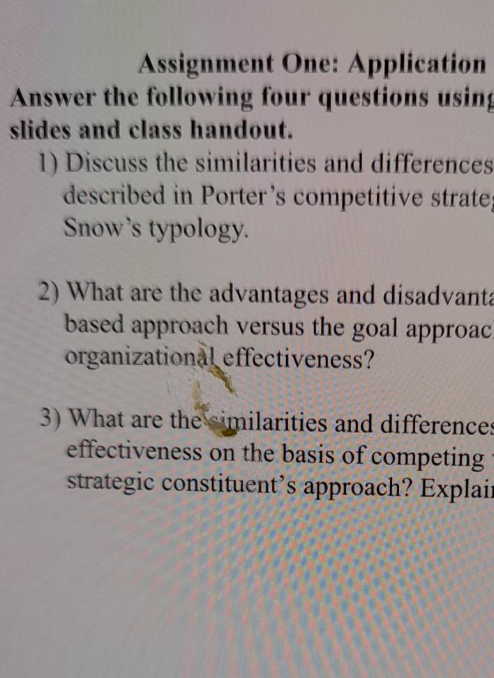 Assignment One: Application Answer the following