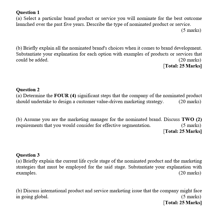 Question 1 (a) Select a particular brand product