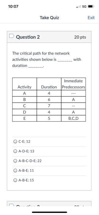 10:07 5G Take Quiz Exit Question 1 20 pts The