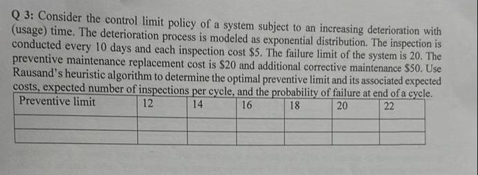 Q 3: Consider the control limit policy of a