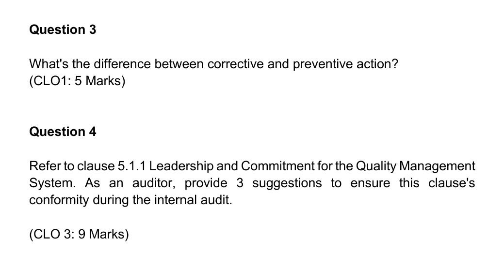 Quality Management Systems And Auditing Questions