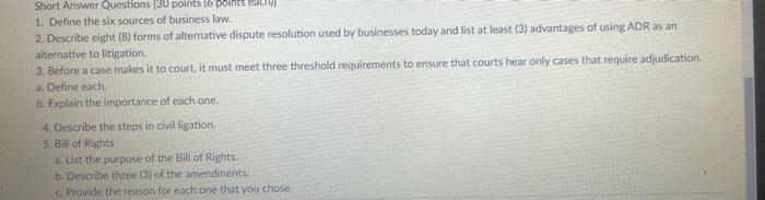 Short Answer Questions 30 points 16 points 1.