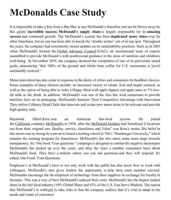 McDonalds uses a centralised purchasing and