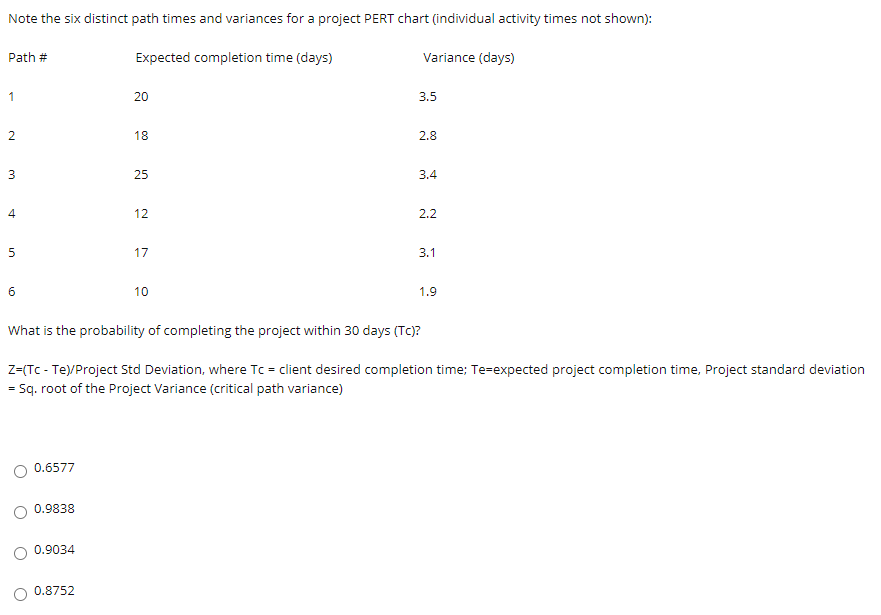 Note the six distinct path times and variances