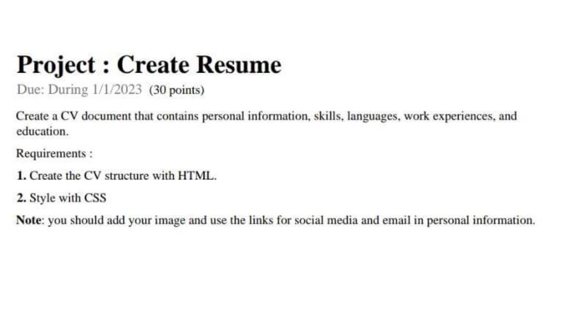 Project : Create Resume Due: During 1/1/2023 (30
