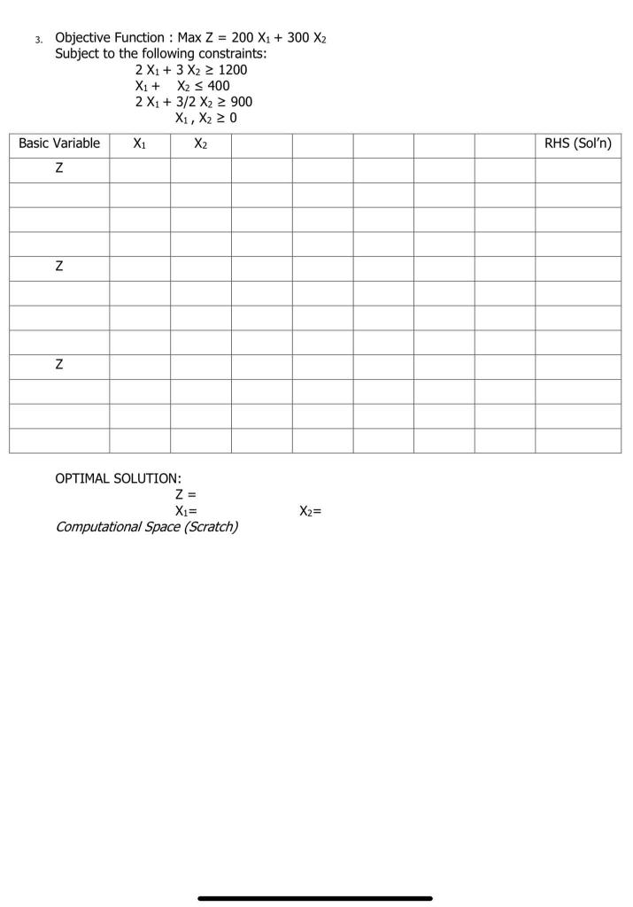 3 Objective Function : Max 2 = 200 X1 + 300 X2