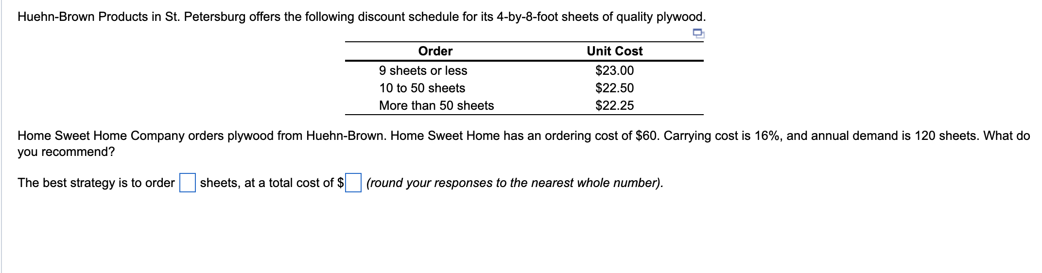 Home Sweet Home Company orders plywood from