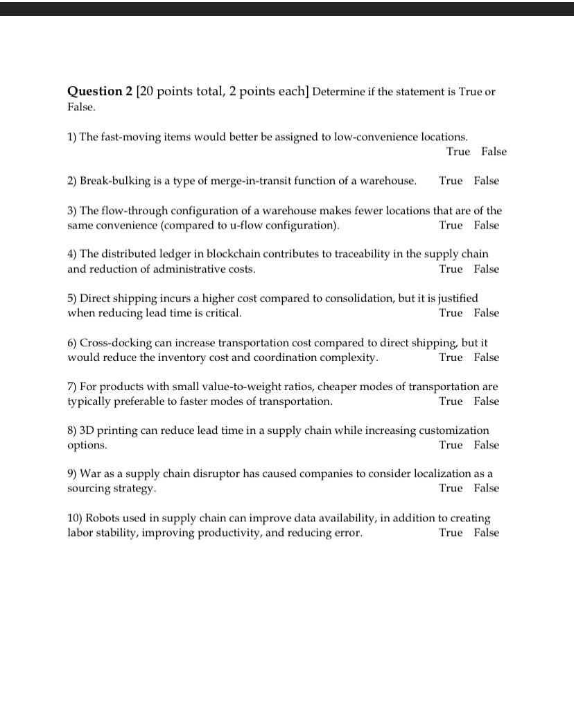 Question 2 [ 20 points total, 2 points each]