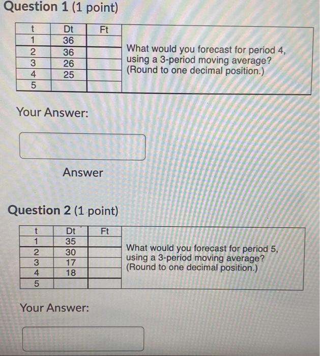 Question 1 (1 point) Ft t 1 2 3 4 5 Dt 36 36 26