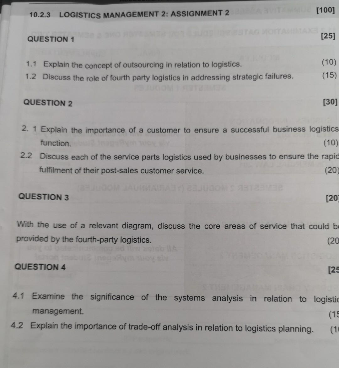 [100] 10.2.3 LOGISTICS MANAGEMENT 2: ASSIGNMENT 2